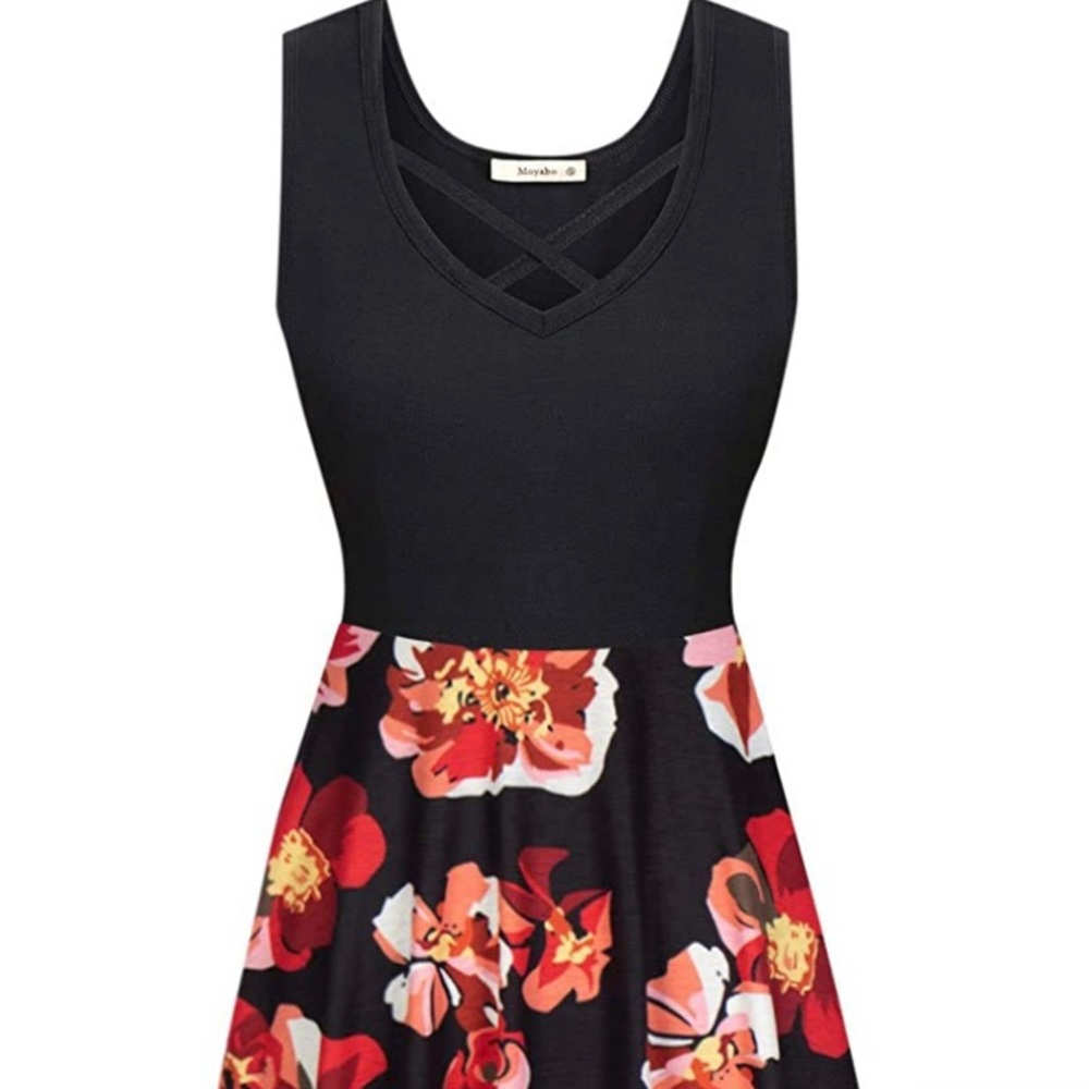 Moyabo Womens Sleeveless V Neck Criss Cross Midi Flared Tank Dress with Pockets